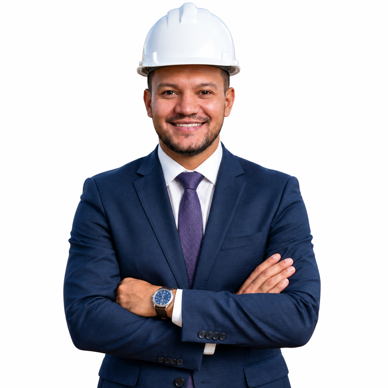 Engenheiro da Amazon Solar Energy com capacete e braços cruzados