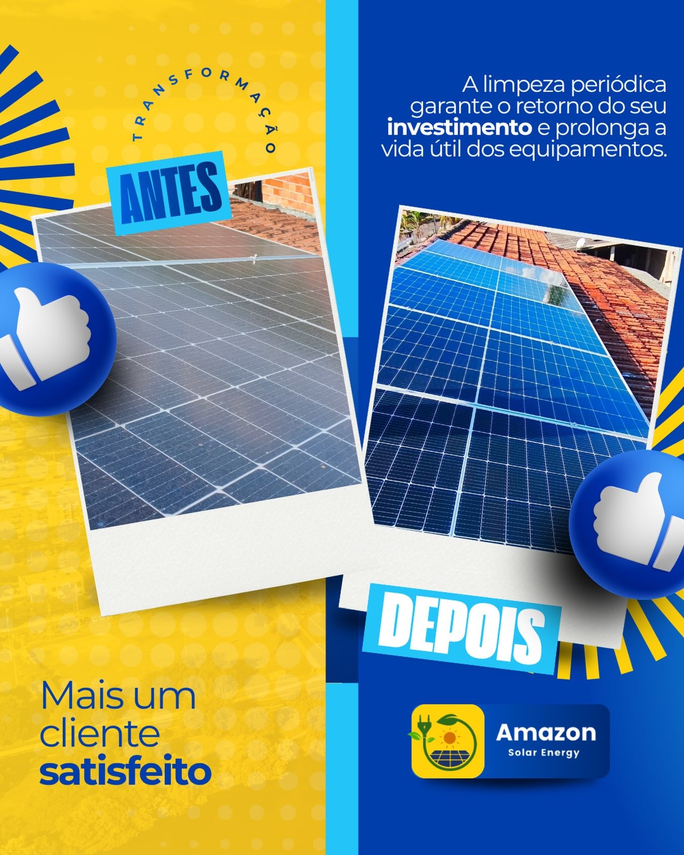 Antes e depois da limpeza dos módulos solares