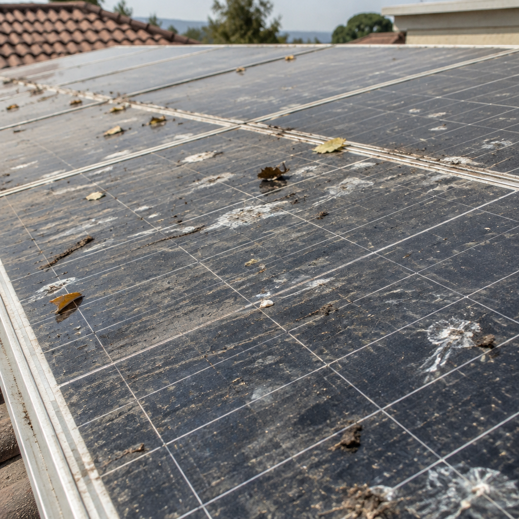 Painéis solares antes da limpeza, com sujeira acumulada